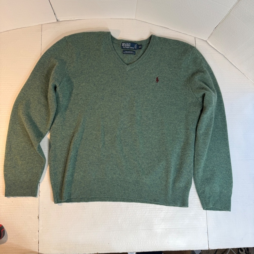 Ralph Lauren Men's 2XL Sweater Preppy V-neck Lambs Wool Pony green‎ Jumper EUC